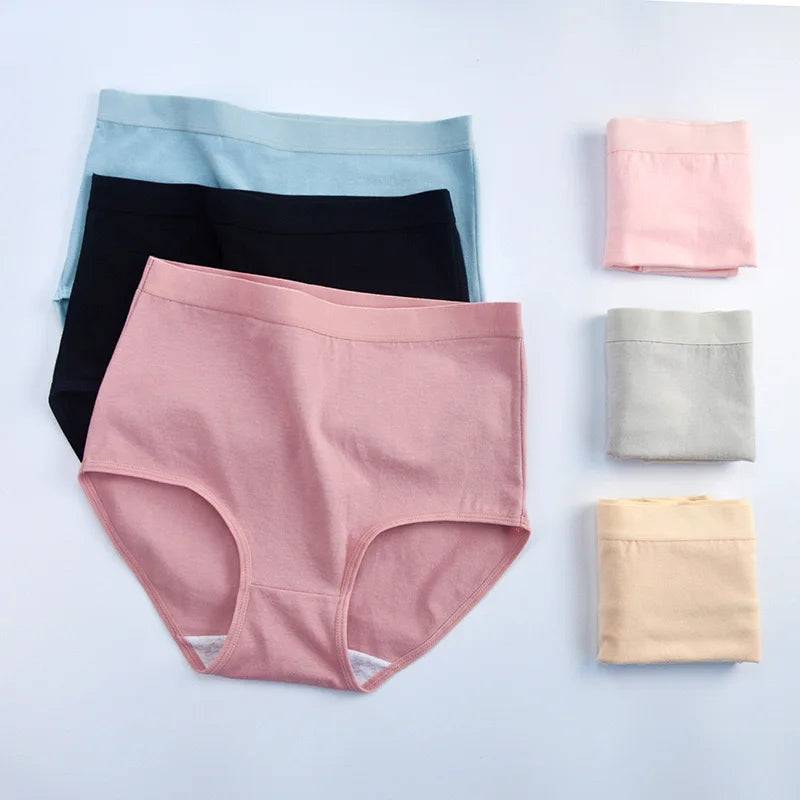 3pcs Cotton Women Panties Lady Plus Size Underwear Large Size High Waist Briefs Breathable Solid Color Female Lingerie.