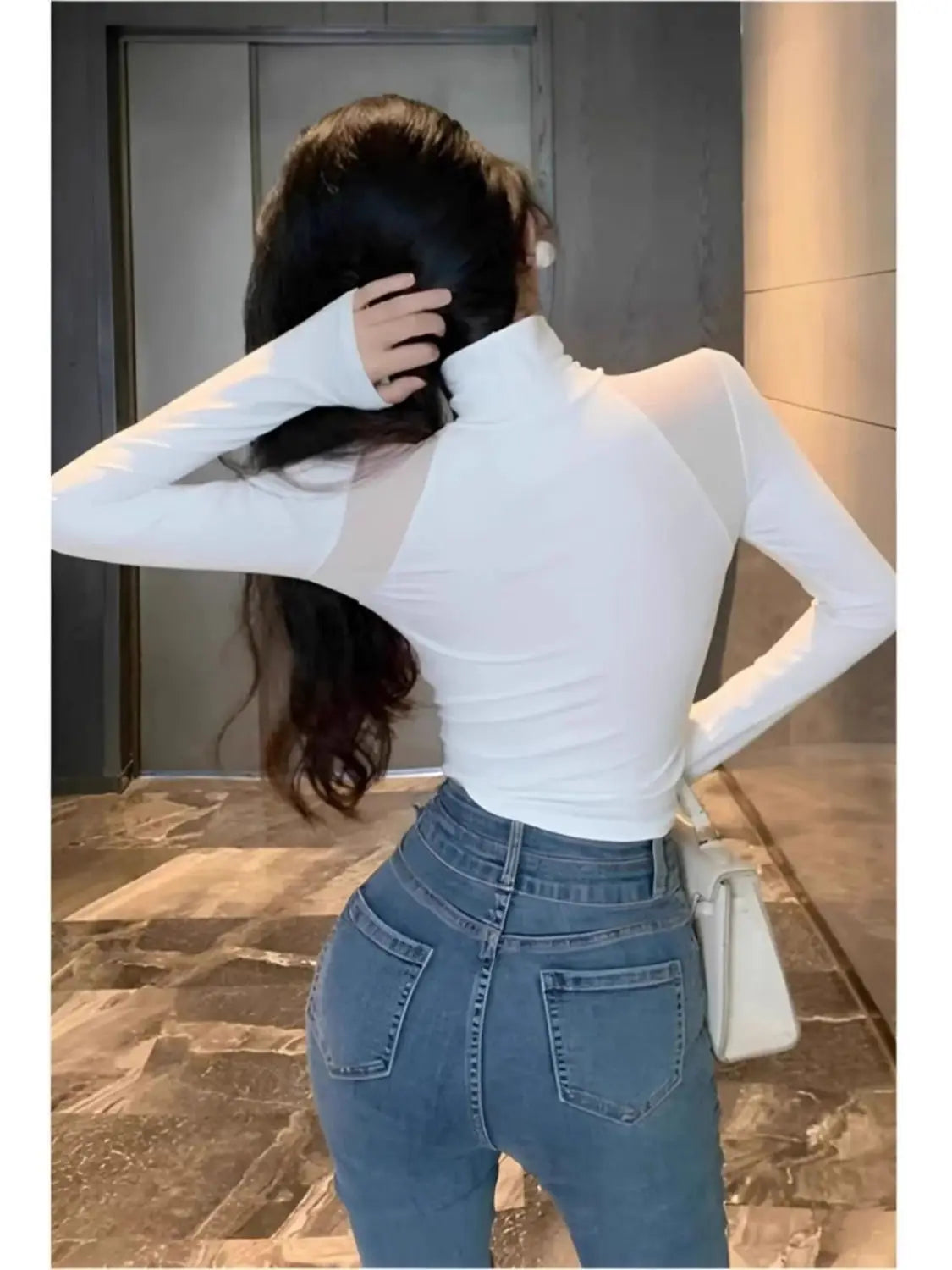 Sexy Pure Half Turtle Neck Small Mesh Splicing Slim Fit and Velvet T-shirt Base Shirt for Women in Autumn and Winter New Top.