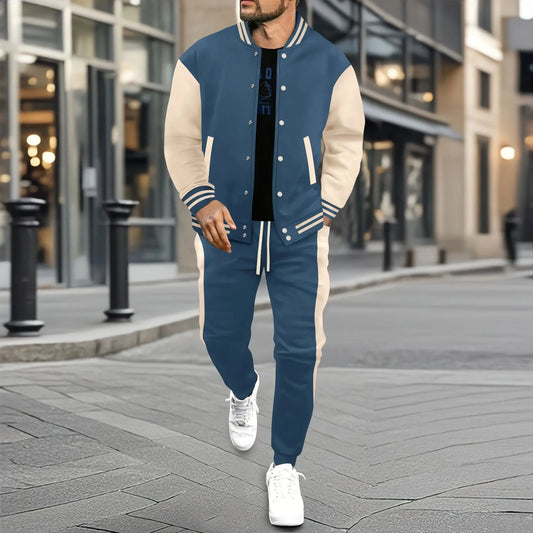 Men's new autumn and winter baseball jacket casual and versatile cardigan coat and color-block sport pants set.