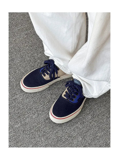 Boys' Casual Canvas Skateboard Shoes with Patchwork Low Cut Shoes Men's Minimalist Fashion Sneakers Trendy Lace Up Flat Bottom
