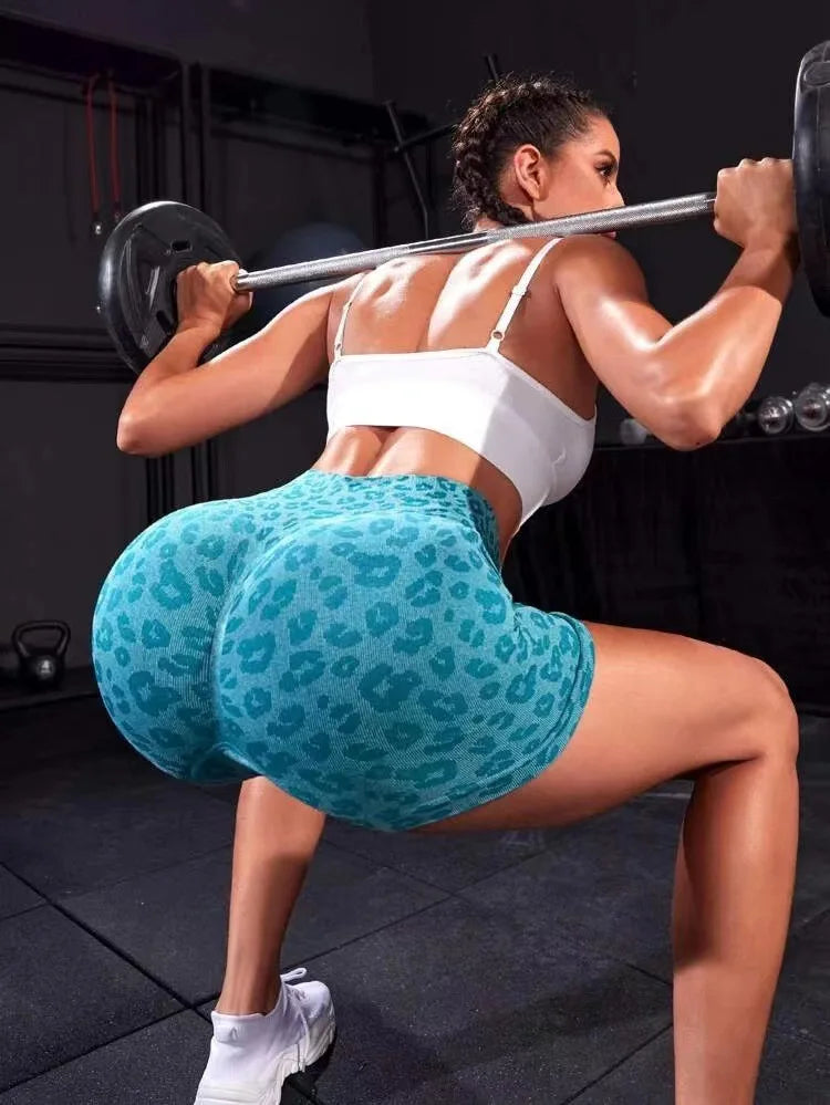 Women Leopard Print Shorts Slim Seamless Leggings High Waist Sexy Hip Liftting Knit Gym Running High Elastic Yoga Shorts.