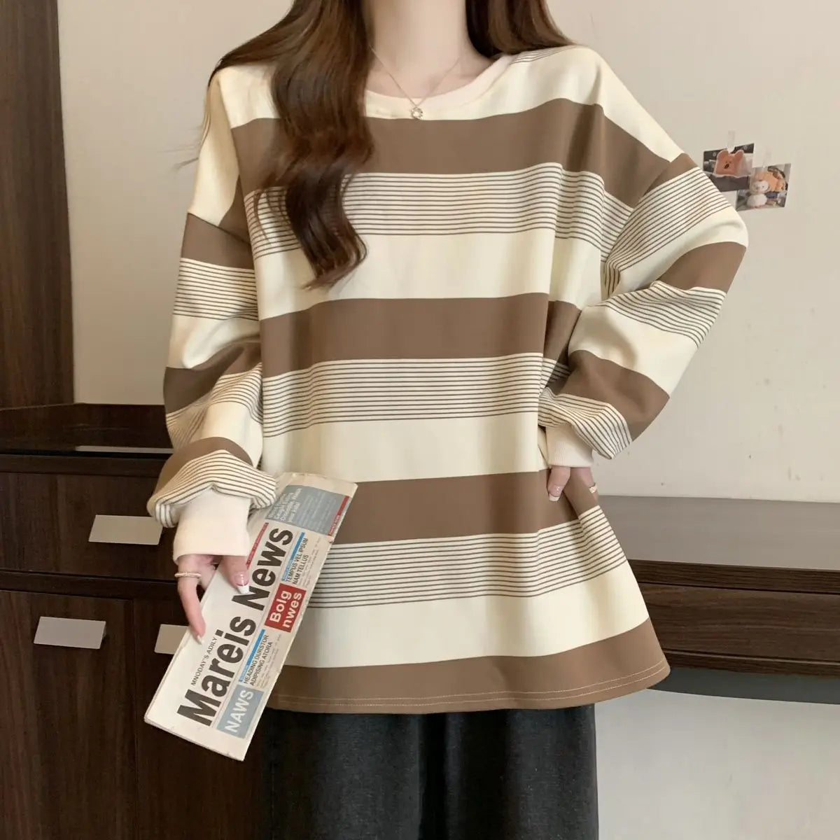 Vintage Striped Thin Hoodies Sweatshirts Spring Autumn Long Sleeve Loose Lazy Style Pullovers Top Casual Fashion Women Clothing.