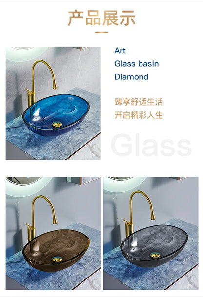Farbiges, transparentes Badezimmerwaschbecken aus gehärtetem Glas, Hotel, modernes Aufsatzwaschbecken, Waschbecken mit Wasserfall-Wasserhahn, 49 x 35 x 13 cm