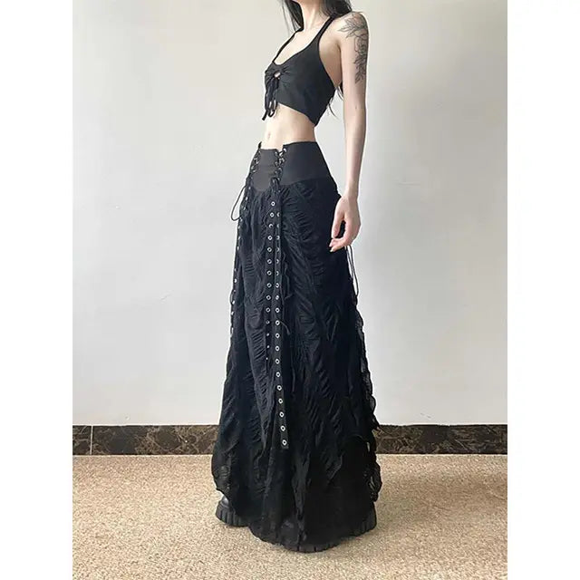 MEXZT Y2K Lace Mesh Long Skirt Women Harajuku Vintage Patchwork Bandage Black Skirts Gothic Aesthetic High Waist Chic Faldas New.