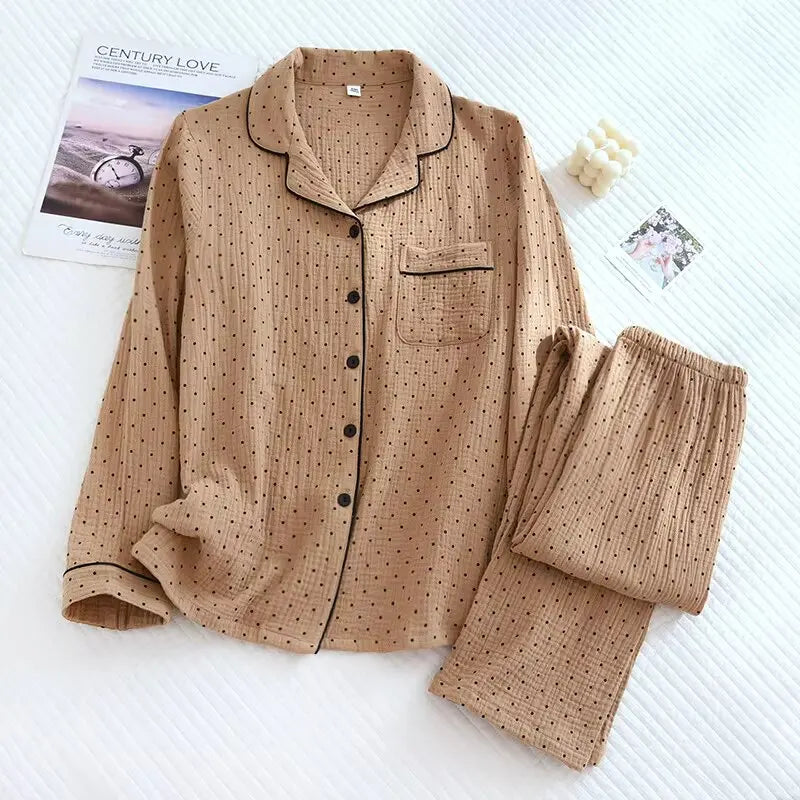 2025 Spring and Autumn New Women's Pajama Set 100%cotton crepe long-sleeved trousers two-piece polka dot cute home wear thin set