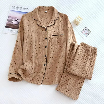 2025 Spring and Autumn New Women's Pajama Set 100%cotton crepe long-sleeved trousers two-piece polka dot cute home wear thin set