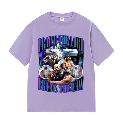 Praise The Lord Break The Law Ronnie Coleman Pump Cover Gym Funny Meme T Shirts Men's Retro Fashion Cotton Short Sleeve T-shirt.