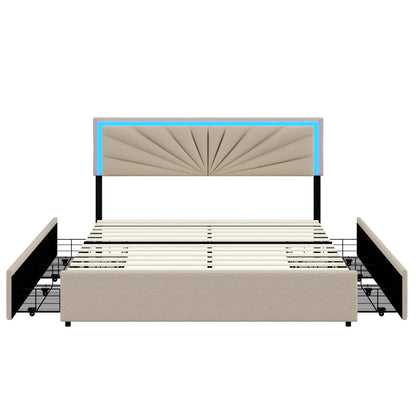 Lazyspace Beige-Leinen-Polsterbett, Doppelbettrahmen, Stauraumbett mit 4 Schubladen und höhenverstellbarem Kopfteil mit RGB-LED
