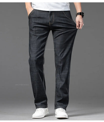 Sommer Dünne männer Gerade Jeans Klassische Schwarz Blau Stretch Casual Business Baggy Denim Hosen Männliche Marke Hosen.