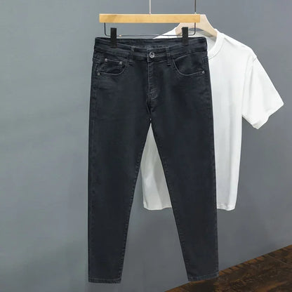 White Jeans Men's Slim Straight Ankle-length Soft Comfort Elastic Denim Trousers Fashion Korean Basic Casual Pencil Pants.