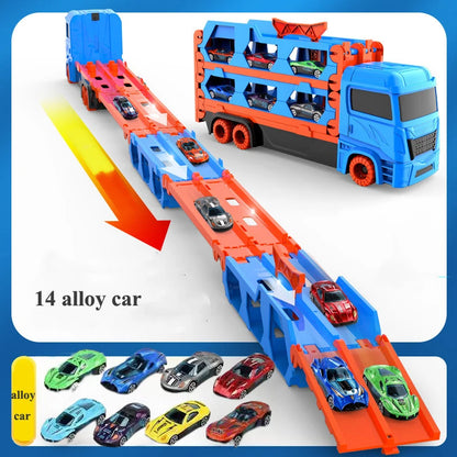 Large Car Transporter Truck Folding Track Racing Vehicle Kids Competitive Games Storage Alloy Car Boy Toy Children Novel Gift.
