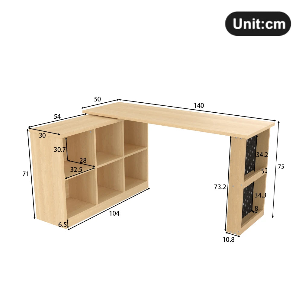 140 x 104 x 75 cm, multifunktionaler Büroschreibtisch, sechsfacher Aufbewahrungsschrank + Regal, super langlebig, austauschbare Form, natürlich