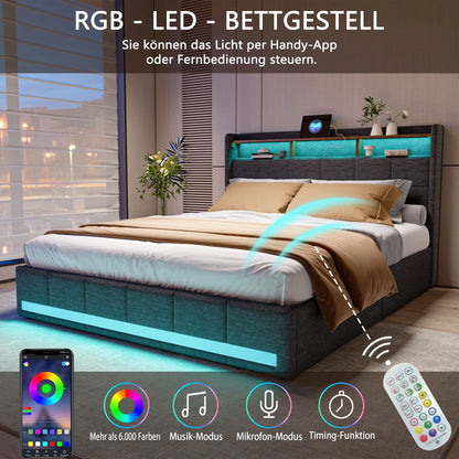 Creahappy Twin-Bettgestell – Polsterbett in Grau – mit USB-Ladeanschluss – mit LED-Beleuchtung – Aufbewahrungsschubladen auf beiden Seiten