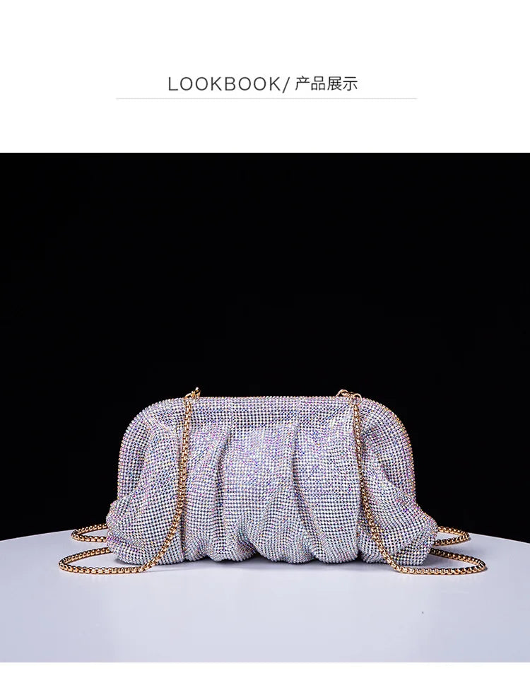 Premium Handmade Diamond-encrusted Clutch Bag Pleated Chain Rhinestone Cloud Clip Dinner Bag Single Shoulder Oblique Span Bolsos.