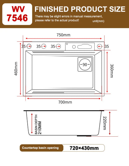 Golden Stainless Steel Kitchen Sink Waterfall Outlet Large Single Sink Digital Display Dishwashing and Vegetable Sinks