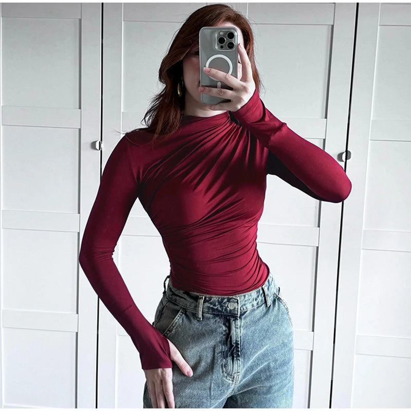 Gtpdpllt Women Tees Sexy Turtleneck Long Sleeve Pleated Basic Women's T-shirts 2025 Spring Autumn Fashion Chic Female Streetwear