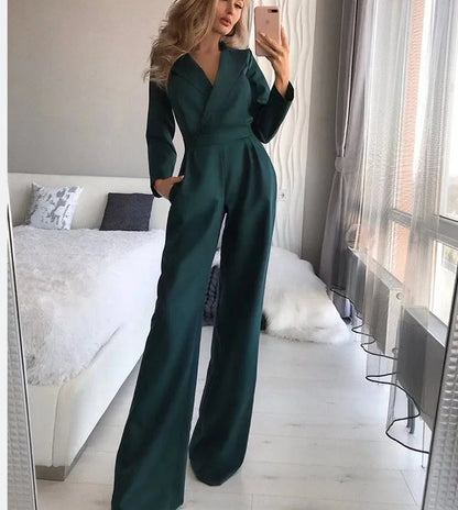 Women Jumpsuits Long Sleeve V Neck Rompers Overalls One Piece Wide Leg Pants Slight Strech Office Lady Solid New Chinese.