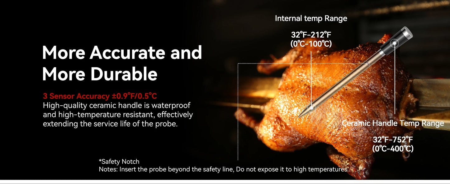 Wireless Bluetooth Meat Thermometer IP67 Waterproof Probes with LCD Screen Booster Rechargeable for Grilling Smoker BBQ Oven.