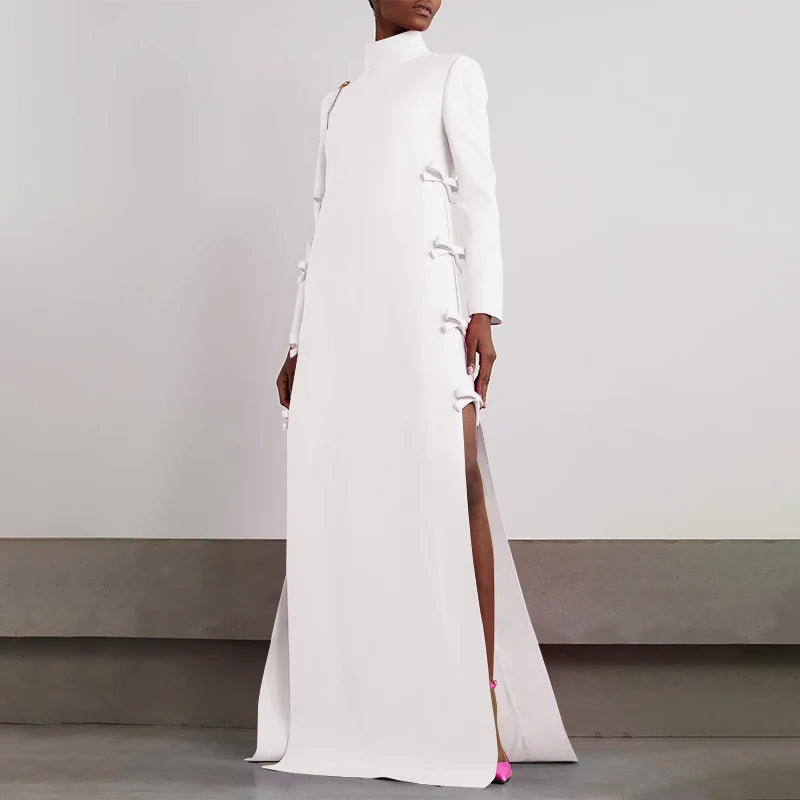 Plus Größe VONDA Frauen Lange Maxi Roben Kleid 2024, Elegante Chinesische Stil Bowknot Stehkragen Party Schlitz Sommerkleid Vintage Vestidos.