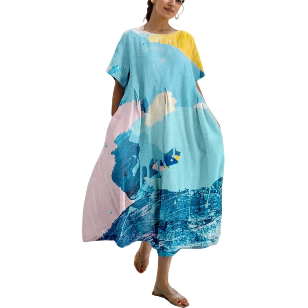 Kleid für Frauen Sommer neue Kurzarm Blumen druck O-Ausschnitt großen Saum lose Mode elegant lässig pendeln weibliche A-Linie Kleid.