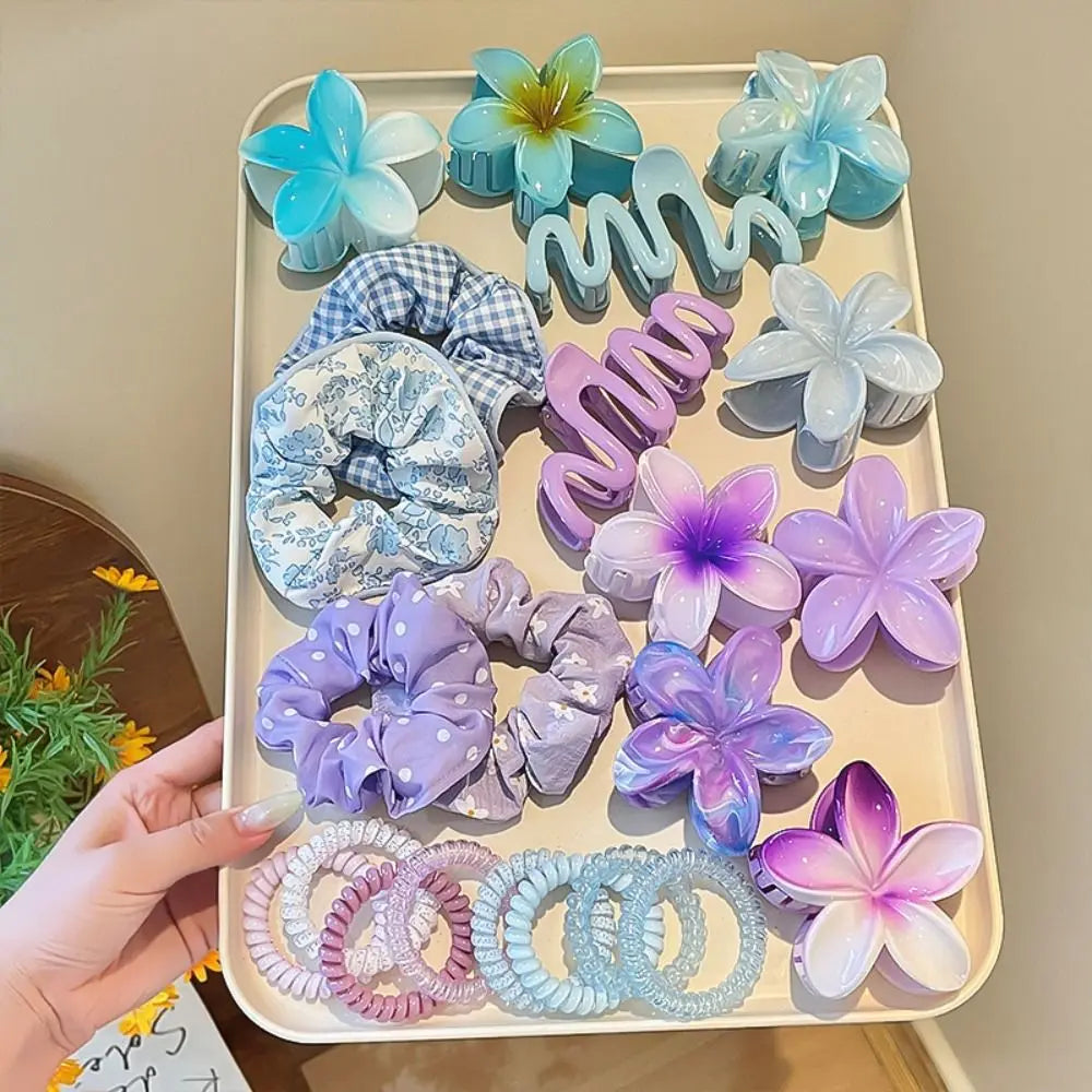 11pcs/Set Fashion Plumeria Hawaiian Hair Clamps Set Colorful Elastic Flowers Hair Clips Rubber Band Hair Rope Hair Accessories.