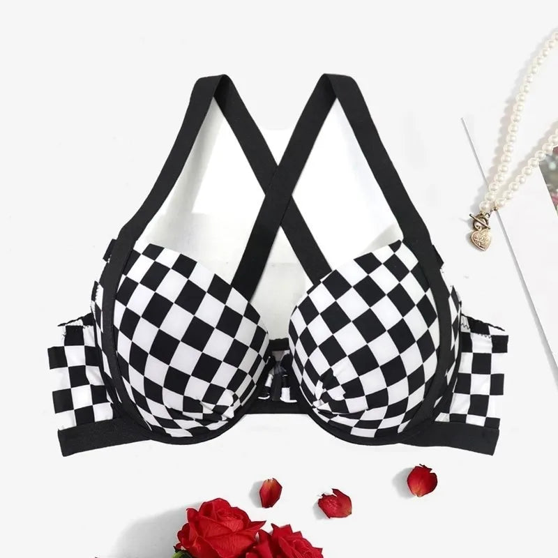 Beauwear Contrast Color Plaid Bras for Women Front Closure Bra with Wire Push Up Bra with Pad.