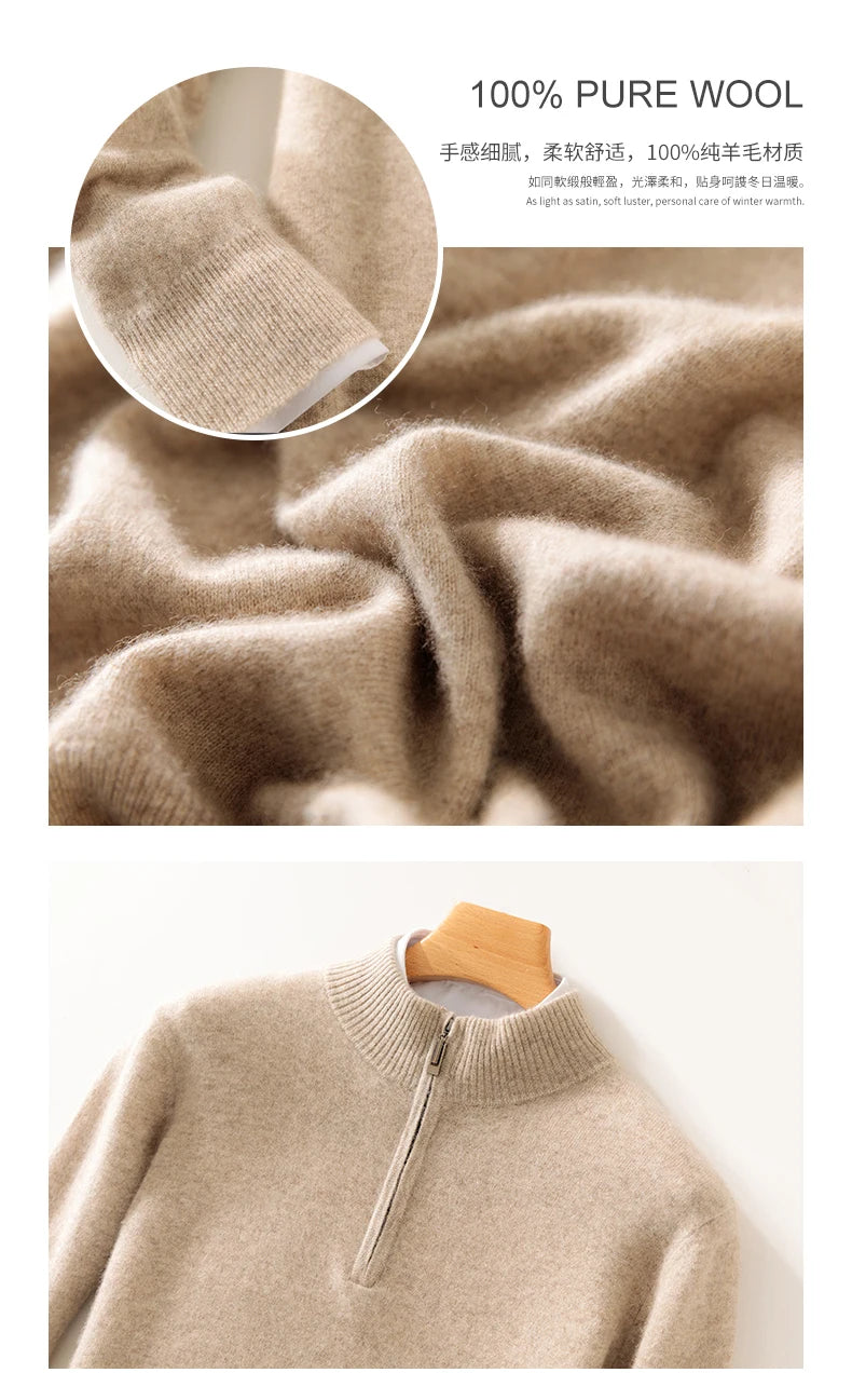 Autumn Winter Men's 100% Merino Wool Sweater Mock Collar Half Zip Knitted Pullover Cashmere Sweatshirt Casual Long Sleeved Tops.