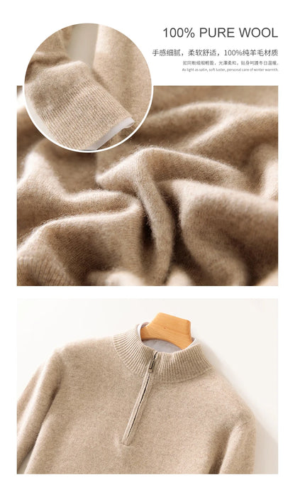 Autumn Winter Men's 100% Merino Wool Sweater Mock Collar Half Zip Knitted Pullover Cashmere Sweatshirt Casual Long Sleeved Tops.