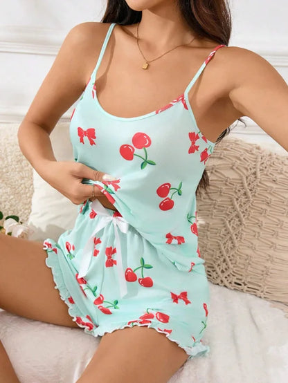 Sommer Neue frauen Pyjama Set Atmungsaktive Weiche Casual Print Cami Top und Rüschen Shorts Sweet Home Strap Shorts Pyjamas ﻿.