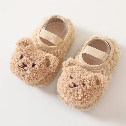 Warm Newborn First Walker for Boy Girl Cartoon Animal Bear Indoor Non-slip Floor Shoes Winter Fury Plush Floor Shoes