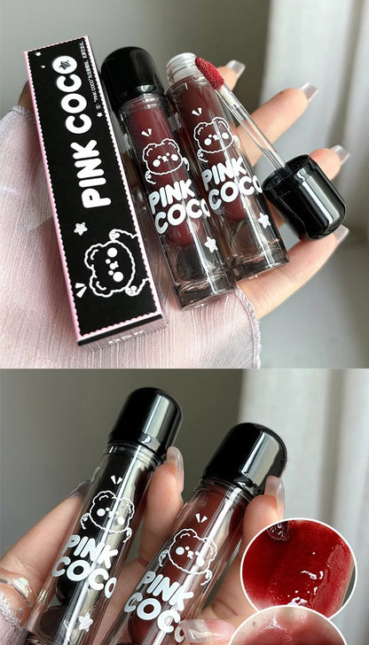 PINKCOCO Bear Doodle Mirror Lip Glaze — Long-Lasting Shiny Lip Gloss, Student-Friendly, Skin-Brightening Nude Lipstick.
