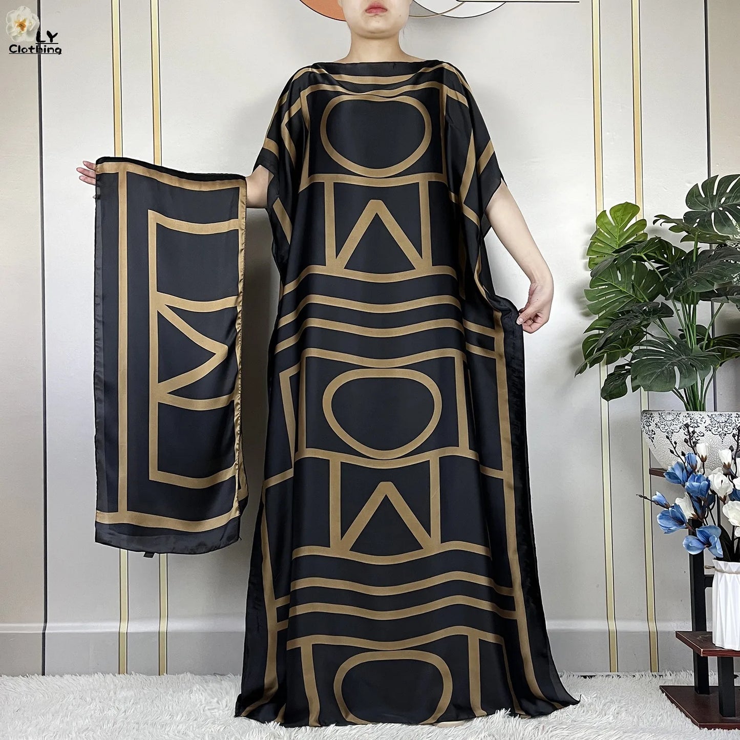 2024 New Dubai Summer Fashion For Women Printed Silk Soft Loose Femme Robe African Islam Maxi Woman Casual Dresses With Turban