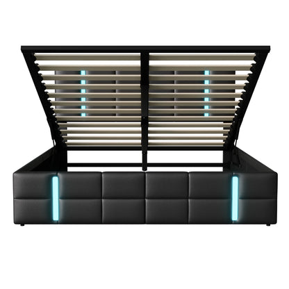 Lazyspace PU-Polsterbett, anhebbarer Bettrahmen mit Stauraum, 2 USB-Anschlüsse + LED-Licht, moderne Schlafzimmermöbel für Zuhause, 140/160 x 200 cm