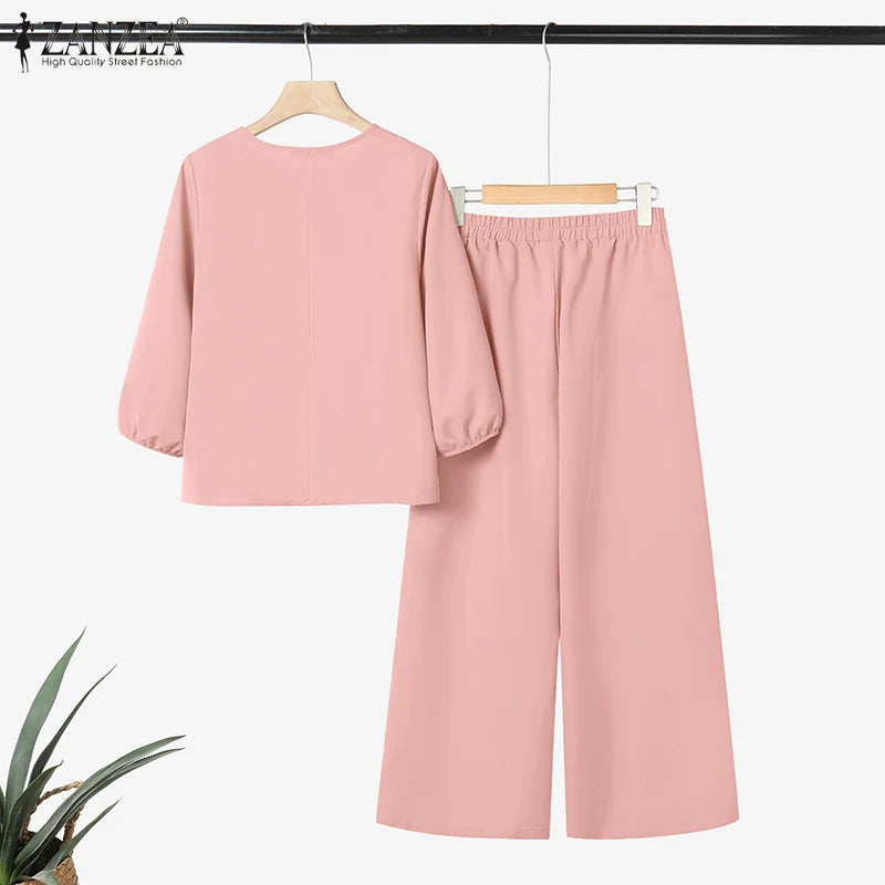 ZANZEA Autumn 2 Piece Sets Women Pant Sets Casual V Neck Long Sleeve Tops Pant Suit Elegant Solid Work Tracksuit Oversize 2025.