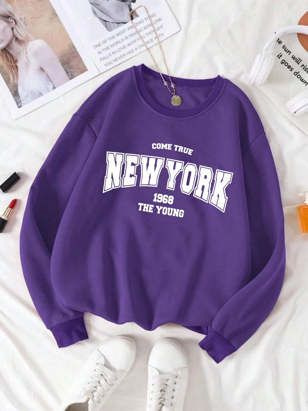 New York 1968 Women Sweatshirt Black Letter Print Sporty Hoodie Winter Casual Fleece Pullover Crewneck Red Hoody Street Clothing.