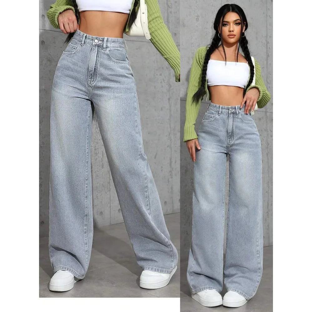 Fashionable Loose Women's Jeans High Waist Straight Leg Summer New Style Printed Trendy Cross-Border Denim Pants.