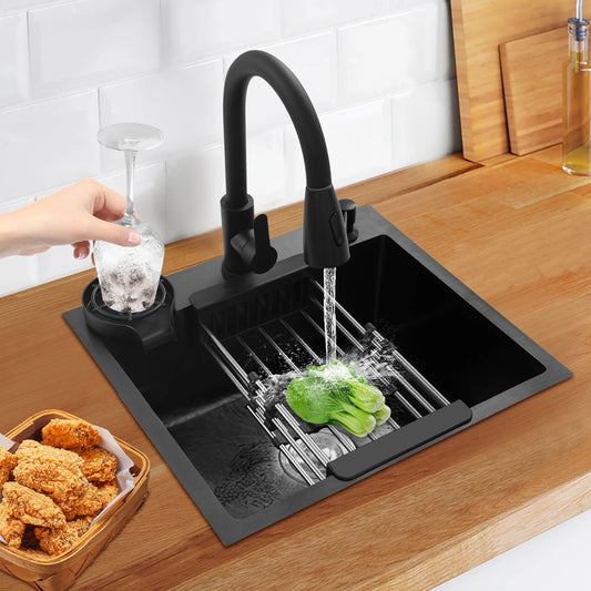 Multifunktionales Küchenspülbecken aus Edelstahl, rechteckiges schwarzes Küchenspülbecken mit ausziehbarem Wasserhahn und 300 ml Seifenspender
