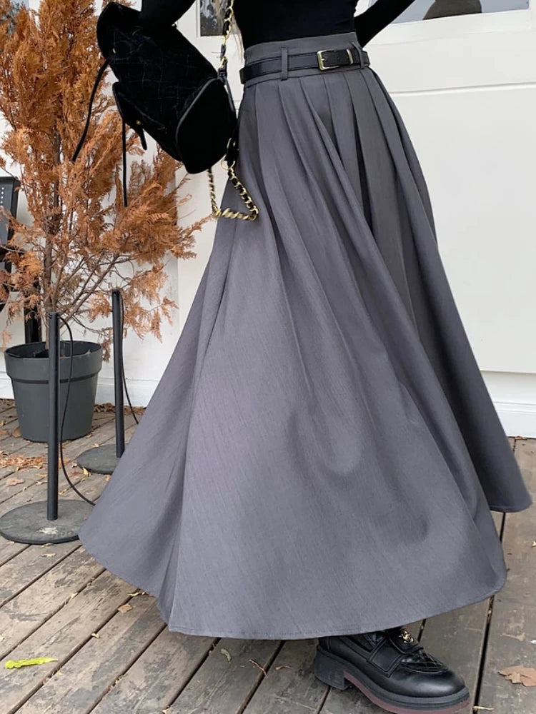 Qiukichonson Grey Midi Long Skirts Womens Maxi Skirt 2023 Autumn Winter Suit Skirt Goth Lolita High Waist Ruffle Pleated Skirts.