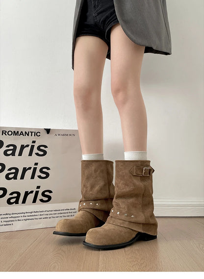 Winter Pleated Women Western Ankle Boots Fashion Rivet Belt Buckle Shoes Ladies Concise Vintage Thick Heel Short Booties.