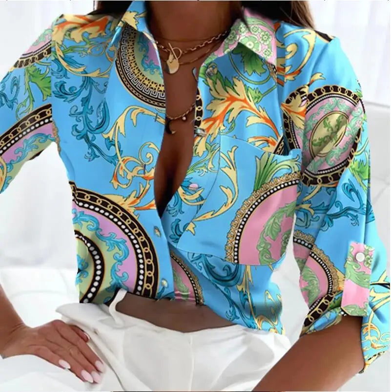 Casual New Long Sleeve Lapel Slim Tops Women Fashion Commute Chic Clothes Blusas Office Ladies Multicolor Printed Blouses Shirts.