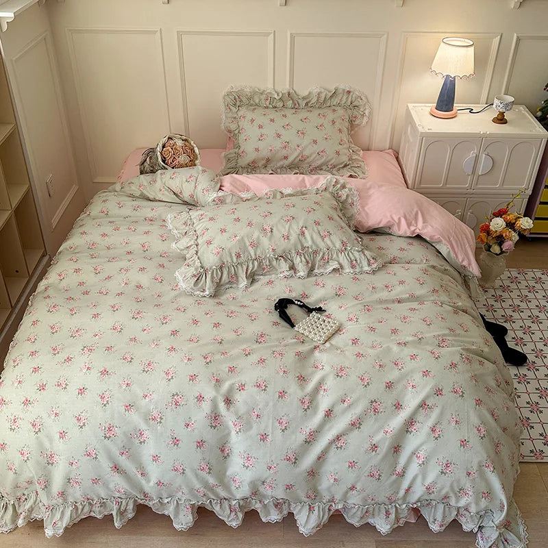Korean Princess Style Ruffles Flower Print Bedding Set Duvet Cover Set Bed Skirt Bedspread Pillowcases 100% Cotton Home Textile.