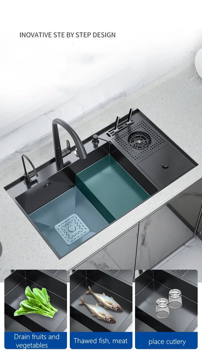 Nano Kitchen Sink Multi-Function Stepped Kitchen Sink 304 Stainless Steel Vegetable Washing Basin With High Pressure Cup Washer