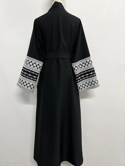 Ramadan Eid Black Open Kimono Abaya with Sashes Damen Dubai Islam Muslim Dress Kaftan Prayer Clothes Women Kebaya Robe Femme.