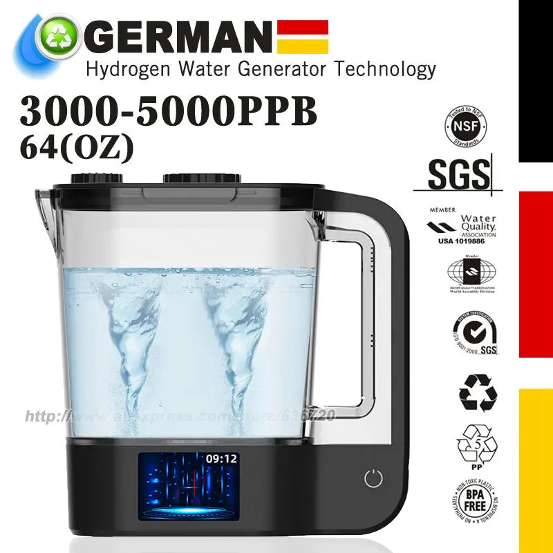 W102 Hydrogen Water Bottle Generator 64 Ounces Hydrogen Water Ionizer Pitcher Generator Machine with PEM Concentrator Technology.