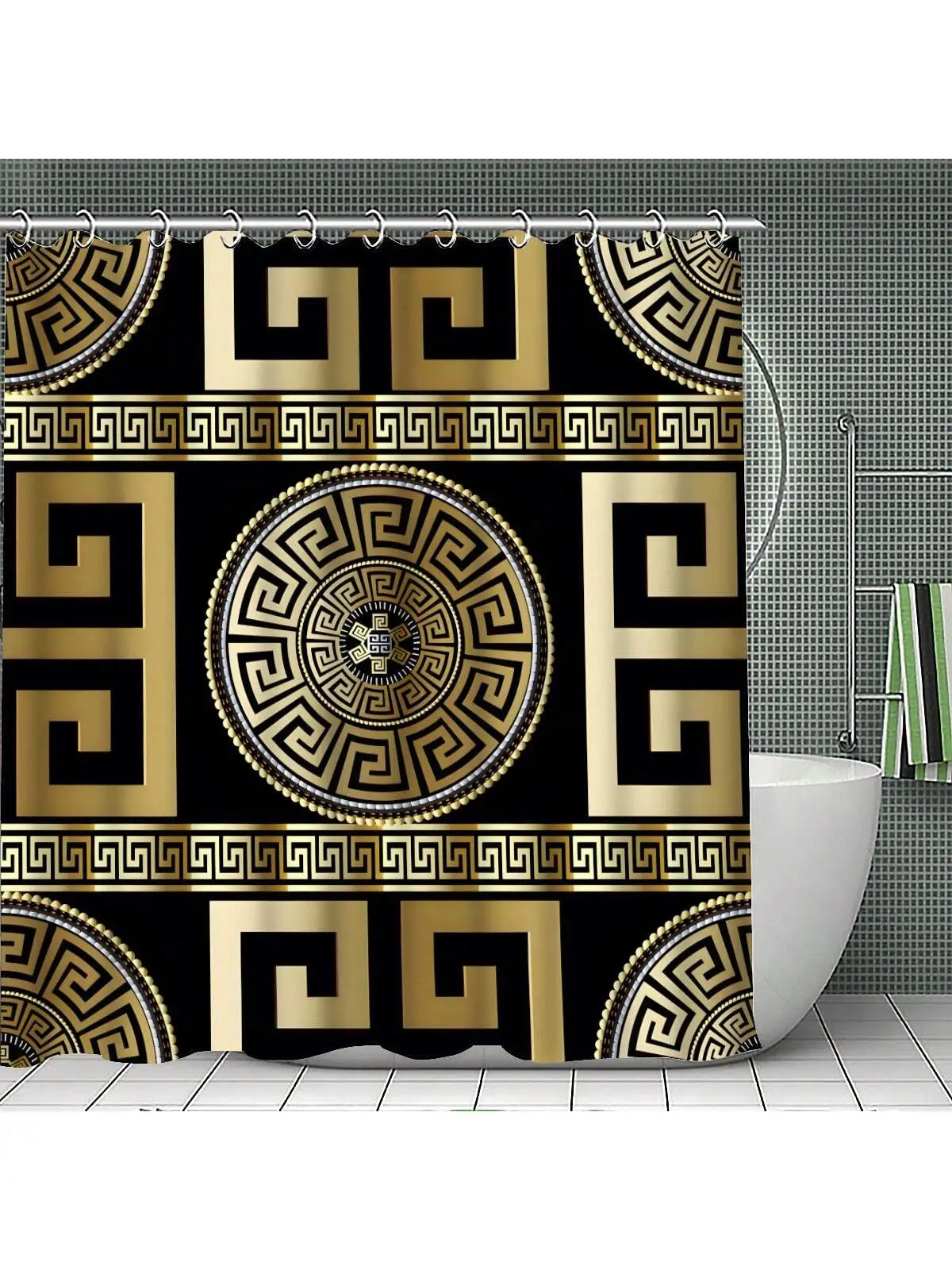 4-teiliges Badezimmer-Set, wasserdichter Stoff-Duschvorhang im Palast-Stil mit 12 Haken, rutschfeste Badezimmermatte, U-förmige Toilettendeckelabdeckung