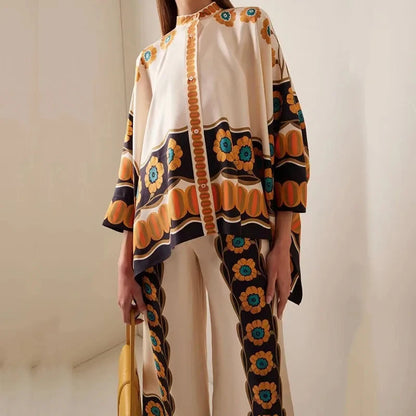 Retro Printed Loose Indie Folk Outfit Women Spring Stand Collar Button Irregular Top+Pant Set Fall Batwing Long Sleeve 2pcs Suit