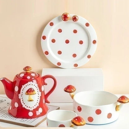 Ceramic Mushroom Western Steak Plate Embossed Amphora Noodle Soup Bowl Cartoon Cute Coffee Cup Home Fruit Dessert Salad Dishes.