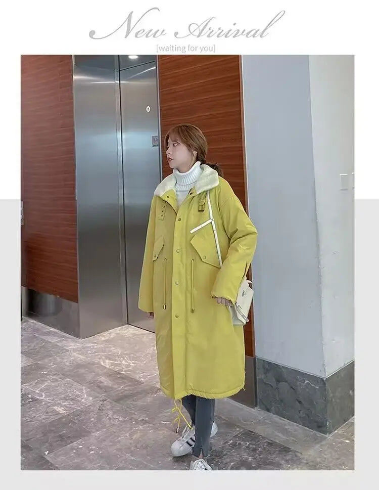 Daunen-Baumwoll-Parkas-Jacke für Damen, mittellang, über dem Knie, 2025, neue koreanische lockere Mode, Winter, gepolstert, weiblich, verdickt