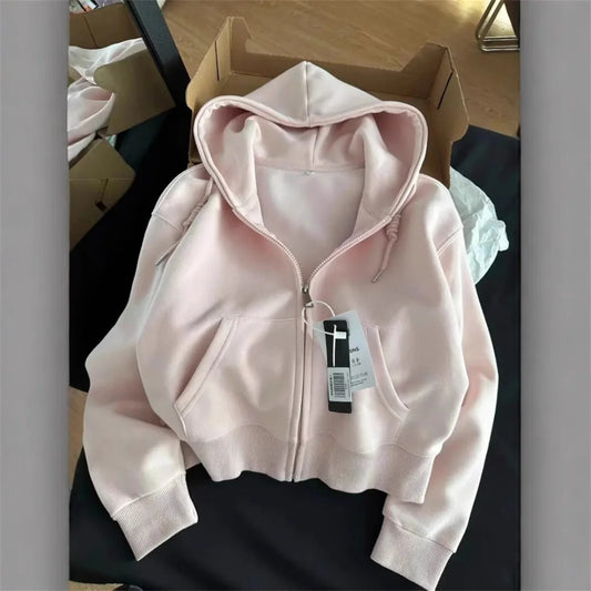 Frühherbstliche, schicke, lässige Kapuzenjacke, schmale Passform, langärmeliges, kurzes Oberteil, warme Strickjacke mit Reißverschluss, koreanischer Stil, Kapuzenpullover.