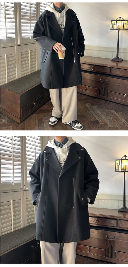 Winter Fashion Woolen Dust Coats Men Zipper Decor High Quality Korean Style Loose Casual Windbreaker Men's Thick Warm Trenchcoat.